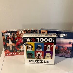 Set of 3 1000 Piece Puzzles Air Balloon, Puppy Potraits & Halloween Dogs